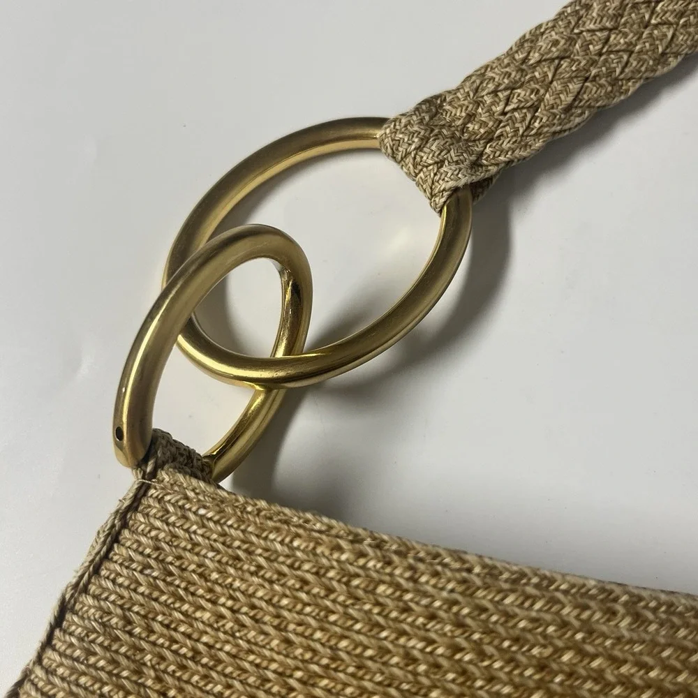 Eric Javits New York Tan Woven Zipper Top Bronze Link‎ Boho Bag Vintage